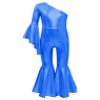 ACSUSS Kids Girls Metallic Gymnastic Leotard One Shoulder Bell-bottom Flared Jumpsuit Romper Dance Pageant Party Gown Royal Blue 12 Years view 3