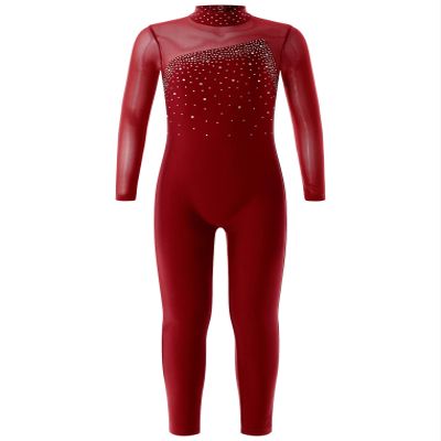ACSUSS Shiny Rhinestone Gymnastics Leotards for Girls Long Sleeve Mesh Patchwork Dance Sports Unitard Skating Jumpsuit Burgundy 16 Years