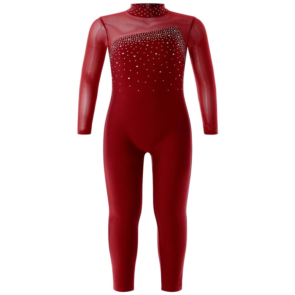 ACSUSS Shiny Rhinestone Gymnastics Leotards for Girls Long Sleeve Mesh Patchwork Dance Sports Unitard Skating Jumpsuit Burgundy 16 Years