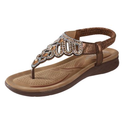 Women's Orthopedic Arch Support Sandals Comfortable T-Strap Casual Flat Sandals For Women Dressy Summer Stappy Bohemian Beaded Flower Rhinestone Ankle Elastic Strap Slip on Beach Thong Sandals