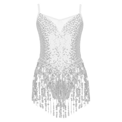 ACSUSS Kids Girls Latin Ballroom Dance Dress Sparkly Sequins Tassel Skirt Leotard Modern Jazz Tap Costume Dancewear Silver 12 Years