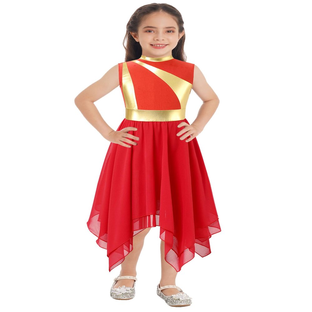 ACSUSS Kids Girls Liturgical Praise Dance Dress Sleeveless Metallic Gold Asymmetrical Celebration Lyrical Dancewear Red 10 Years