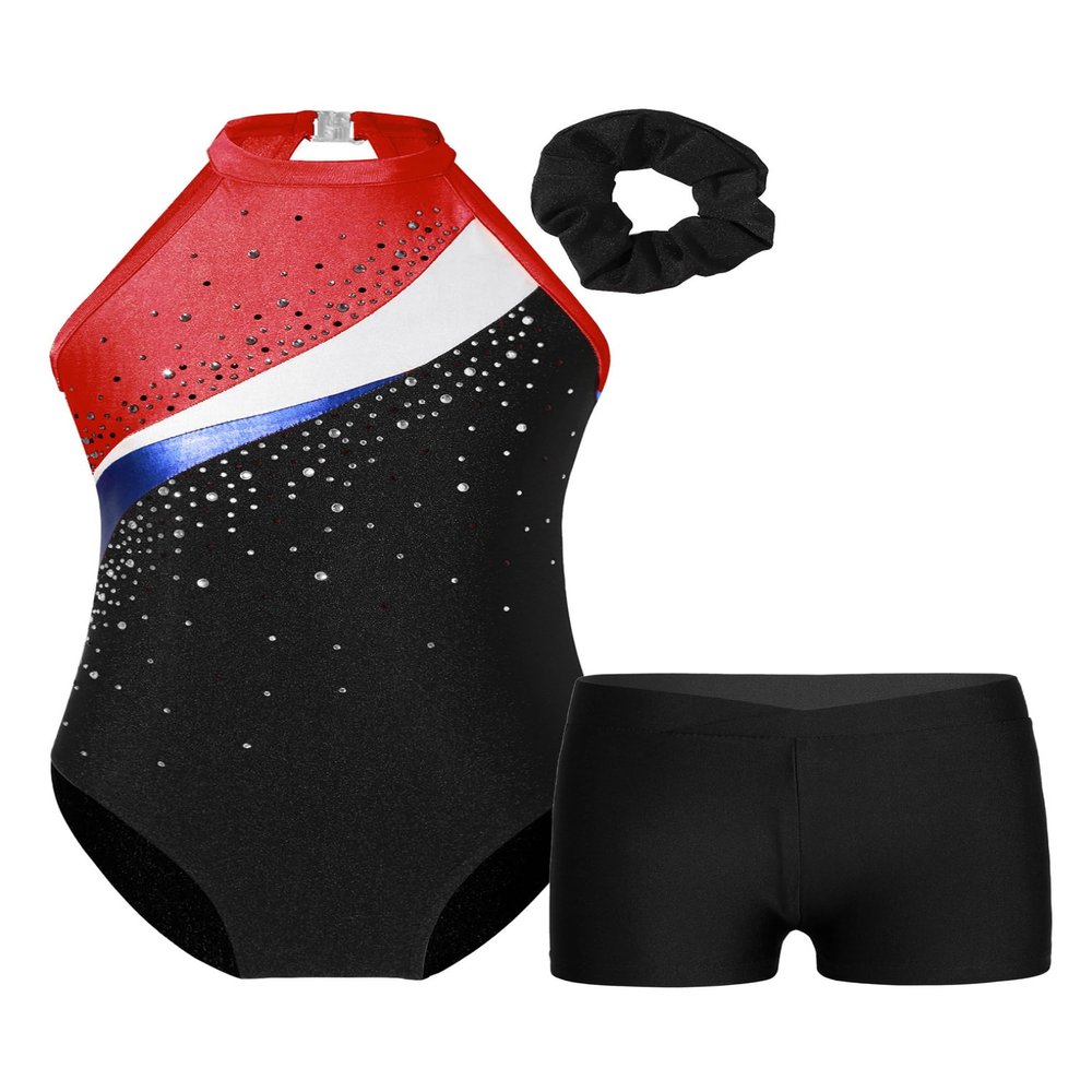 ACSUSS Kids Girls Sleeveless Gymnastic Leotard with Athletic Shorts Hair Scrunchie Biketard Dance Outfits Sets Tracksuit Black&Red 8 Years