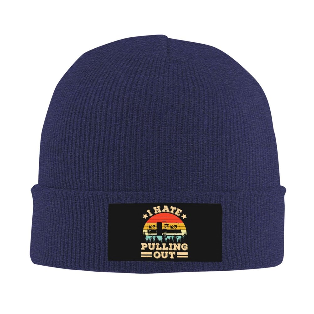I Hate Pulling Out Funny Camper RV Camping Trailer Beanie Hat Women Skull Cap Men Slouchy Knit Hat Navy Blue