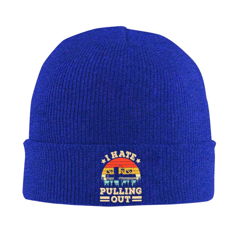 I Hate Pulling Out Funny Camper RV Camping Trailer Beanie Hat Women Warm Hats Men Knit Hat Slouchy Skull Cap Blue
