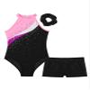 ACSUSS Kids Girls Sleeveless Gymnastic Leotard with Athletic Shorts Hair Scrunchie Biketard Dance Outfits Sets Tracksuit Black&Pink 12 Years view 3