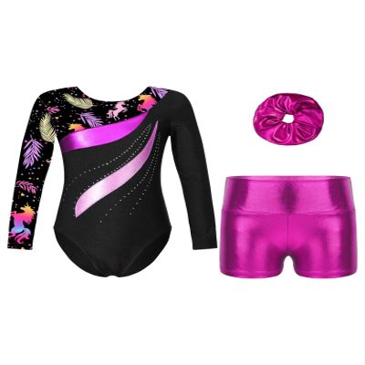 ACSUSS Kids Girls Print Long Sleeve Gymnastics Leotard with Metallic Shorts Hair Scrunchie Dance Biketards Dancewear Leaves 4 Years