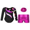 ACSUSS Kids Girls Print Long Sleeve Gymnastics Leotard with Metallic Shorts Hair Scrunchie Dance Biketards Dancewear Leaves 4 Years view 2