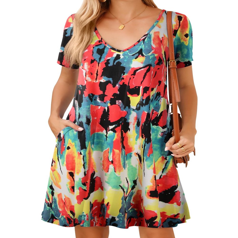 JollieLovin Women T Shirt Plus Size Summer Swing Dresses Short Sleeve V Neck Loose Casual Dress(1X,Flower80)