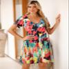 JollieLovin Women T Shirt Plus Size Summer Swing Dresses Short Sleeve V Neck Loose Casual Dress(1X,Flower80) view 2