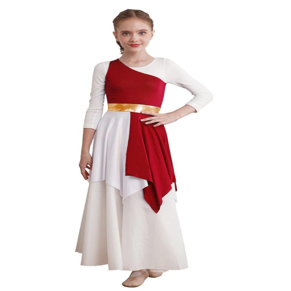 ACSUSS Kids Girls Liturgical Praise Dance Dress Color Block One Shoulder Worship Church Dress Lyrical Dancewear Tunic Burgundy 14 Years