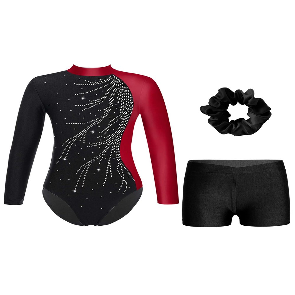ACSUSS Kids Girls Long Sleeve Gymnastics Leotards with Athletic Shorts Biketard Skating Dance Outfits Hair Scrunchie Burgundy&Black 12 Years