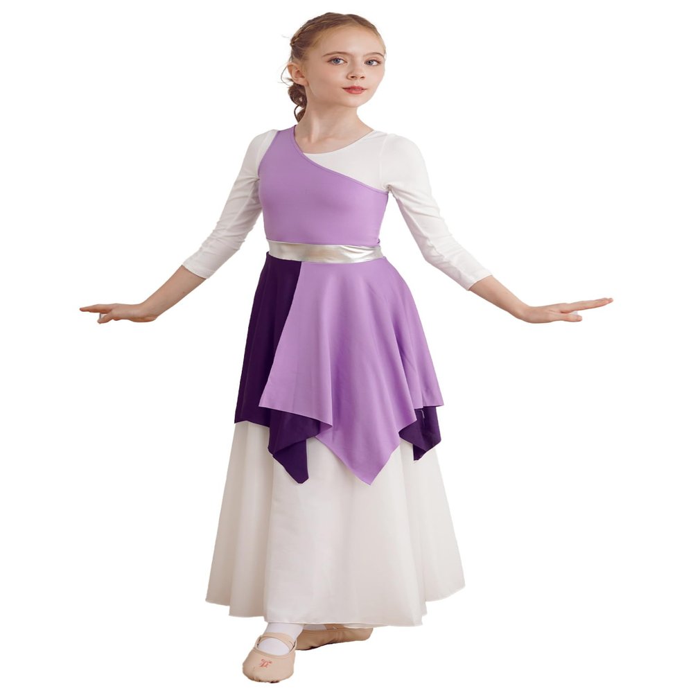 ACSUSS Kids Girls Liturgical Praise Dance Dress Color Block One Shoulder Worship Church Dress Lyrical Dancewear Tunic Lavender 10 Years