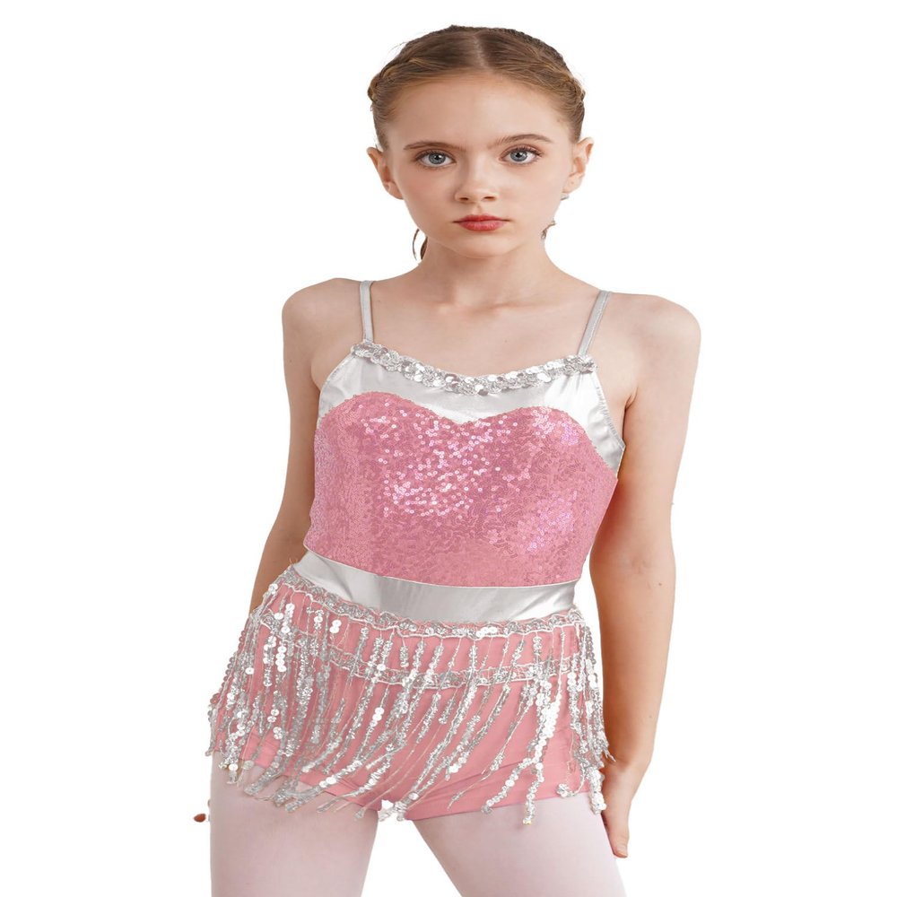 ACSUSS Kids Girls Latin Ballroom Dance Dress Sparkly Sequins Tassel Skirt Leotard Modern Jazz Tap Costume Dancewear Pink C 12 Years