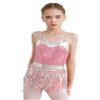 ACSUSS Kids Girls Latin Ballroom Dance Dress Sparkly Sequins Tassel Skirt Leotard Modern Jazz Tap Costume Dancewear Pink C 12 Years view 1