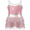 ACSUSS Kids Girls Latin Ballroom Dance Dress Sparkly Sequins Tassel Skirt Leotard Modern Jazz Tap Costume Dancewear Pink C 12 Years view 3