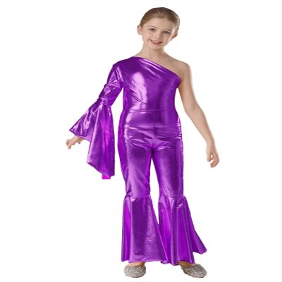 ACSUSS Kids Girls Metallic Gymnastic Leotard One Shoulder Bell-bottom Flared Jumpsuit Romper Dance Pageant Party Gown Purple 6 Years