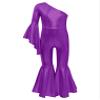 ACSUSS Kids Girls Metallic Gymnastic Leotard One Shoulder Bell-bottom Flared Jumpsuit Romper Dance Pageant Party Gown Purple 6 Years view 3
