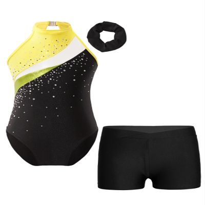 ACSUSS Kids Girls Sleeveless Gymnastic Leotard with Athletic Shorts Hair Scrunchie Biketard Dance Outfits Sets Tracksuit Yellow&Black 6 Years