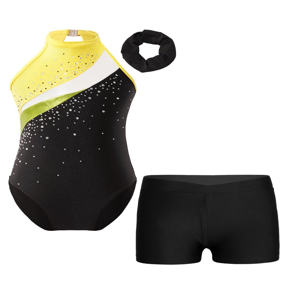 ACSUSS Kids Girls Sleeveless Gymnastic Leotard with Athletic Shorts Hair Scrunchie Biketard Dance Outfits Sets Tracksuit Yellow&Black 6 Years