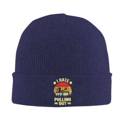 I Hate Pulling Out Funny Camper RV Camping Trailer Retro Travel Beanie Hat Women Knit Hat Men Slouchy Skull Cap Navy Blue