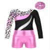 ACSUSS Kids Girls Print Long Sleeve Gymnastics Leotard with Metallic Shorts Hair Scrunchie Dance Biketards Dancewear Leopard 14 Years view 3