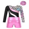 ACSUSS Kids Girls Print Long Sleeve Gymnastics Leotard with Metallic Shorts Hair Scrunchie Dance Biketards Dancewear Leopard 14 Years view 4