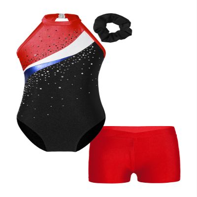 ACSUSS Kids Girls Sleeveless Gymnastic Leotard with Athletic Shorts Hair Scrunchie Biketard Dance Outfits Sets Tracksuit Red 6 Years