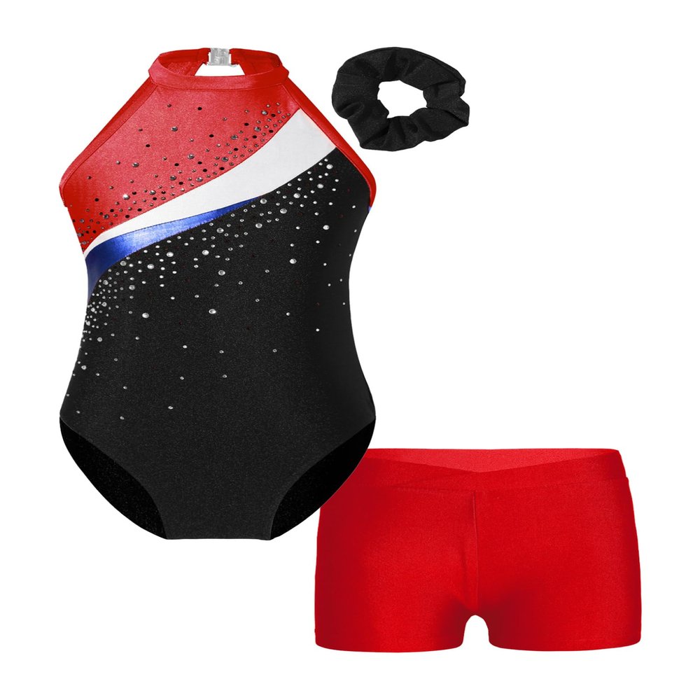 ACSUSS Kids Girls Sleeveless Gymnastic Leotard with Athletic Shorts Hair Scrunchie Biketard Dance Outfits Sets Tracksuit Red 6 Years