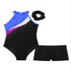 ACSUSS Kids Girls Sleeveless Gymnastic Leotard with Athletic Shorts Hair Scrunchie Biketard Dance Outfits Sets Tracksuit Black&Royal Blue 12 Years view 3