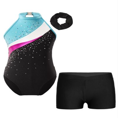 ACSUSS Kids Girls Sleeveless Gymnastic Leotard with Athletic Shorts Hair Scrunchie Biketard Dance Outfits Sets Tracksuit Lake Blue&Black 16 Years