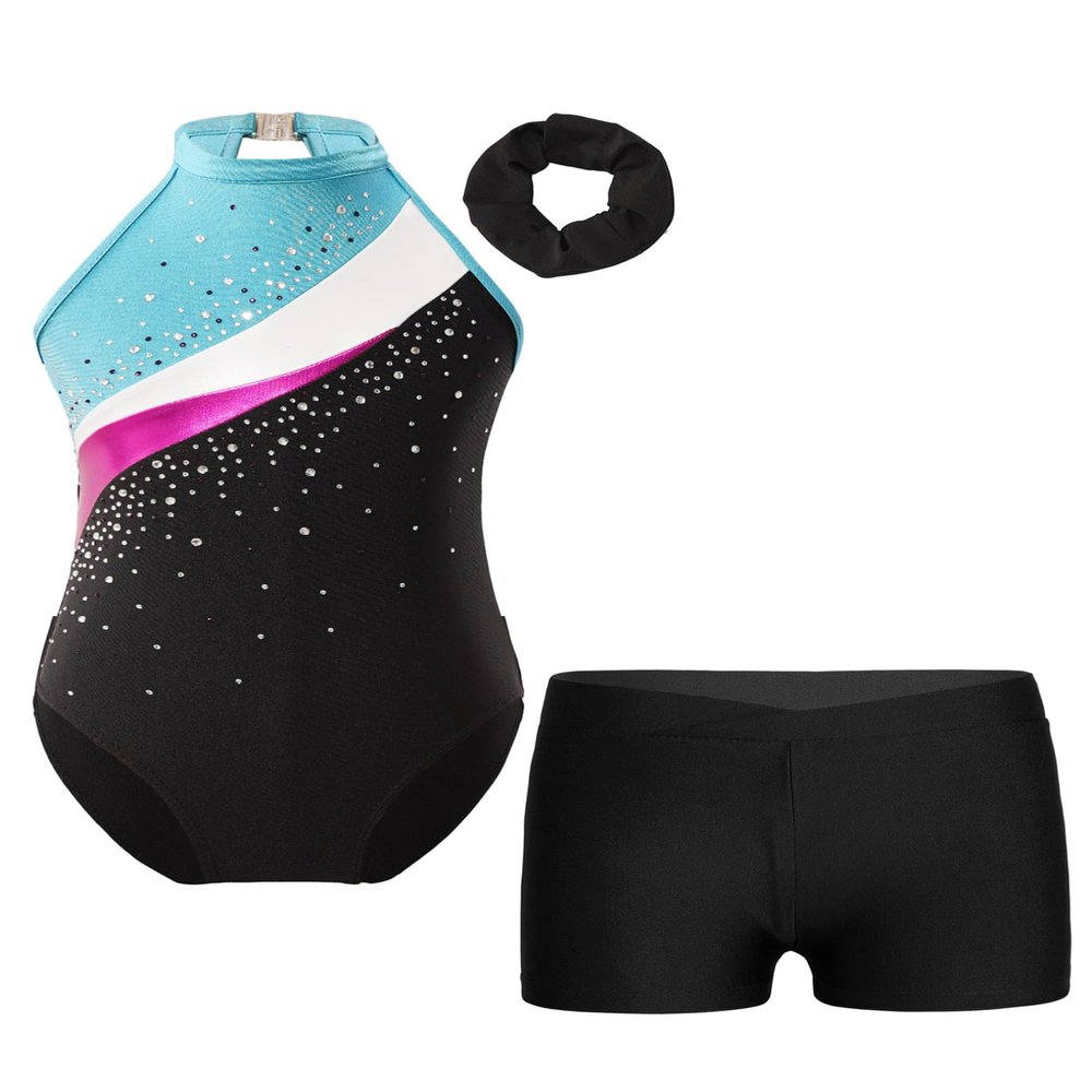 ACSUSS Kids Girls Sleeveless Gymnastic Leotard with Athletic Shorts Hair Scrunchie Biketard Dance Outfits Sets Tracksuit Lake Blue&Black 16 Years