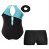ACSUSS Kids Girls Sleeveless Gymnastic Leotard with Athletic Shorts Hair Scrunchie Biketard Dance Outfits Sets Tracksuit Lake Blue&Black 16 Years view 2