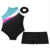 ACSUSS Kids Girls Sleeveless Gymnastic Leotard with Athletic Shorts Hair Scrunchie Biketard Dance Outfits Sets Tracksuit Lake Blue&Black 16 Years view 3