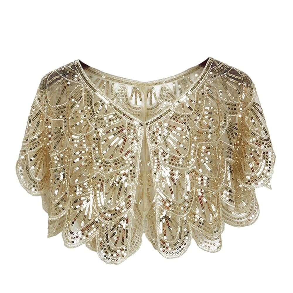 1920s Shawl Wraps Women's Sequin Beaded Bridal Shawl Gatsby Cape Evening Bolero Wedding Party Bridal Cover Up