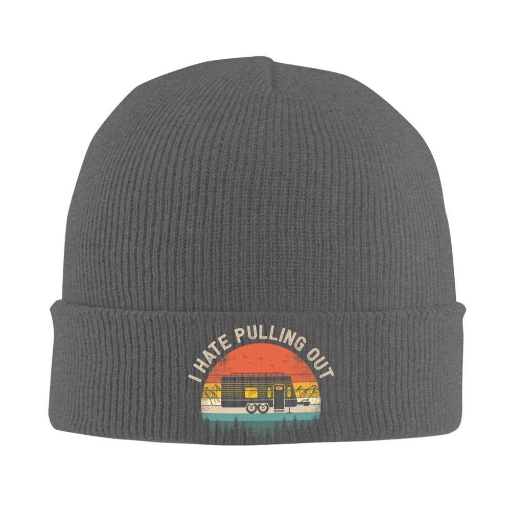 I Hate Pulling Out Camping Trailer Retro Vintage Retro Travel Beanie Hat Women Knit Hat Men Slouchy Skull Cap Deep Heather