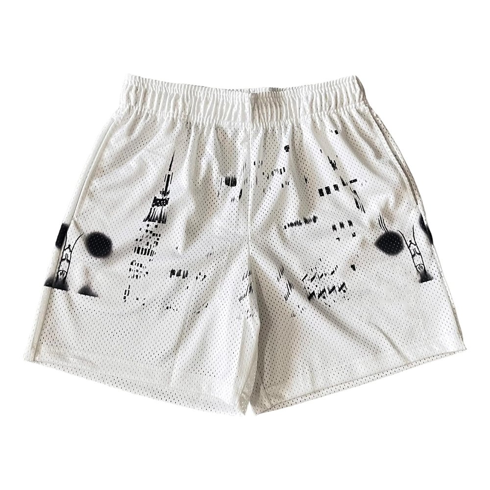 DIOTSR Mens Skyline Graphic Shorts Casual Streetwear Cool Basketball Shorts Running Workout Shorts with Pockets Drawstring Waist (Skyline-White,Large)