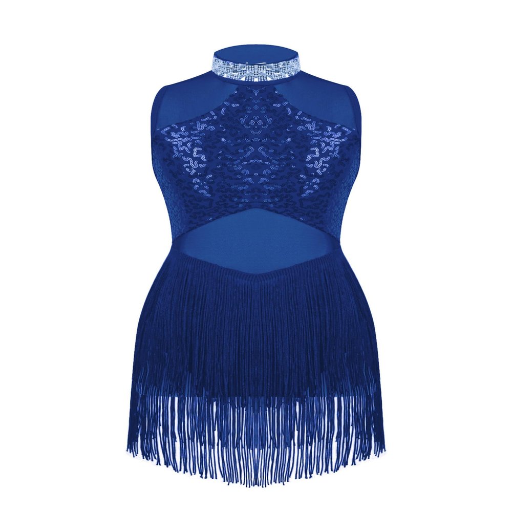 ACSUSS Kids Girls Latin Dance Dress Sleeveless Sparkly Sequin Tassel Jazz Tango Rumba Salsa Ballroom Dancewear Royal Blue 6 Years