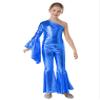 ACSUSS Kids Girls Metallic Gymnastic Leotard One Shoulder Bell-bottom Flared Jumpsuit Romper Dance Pageant Party Gown Royal Blue 10 Years view 1