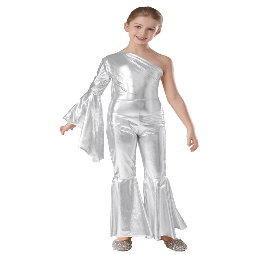 ACSUSS Kids Girls Metallic Gymnastic Leotard One Shoulder Bell-bottom Flared Jumpsuit Romper Dance Pageant Party Gown Silver 8 Years