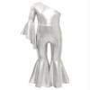 ACSUSS Kids Girls Metallic Gymnastic Leotard One Shoulder Bell-bottom Flared Jumpsuit Romper Dance Pageant Party Gown Silver 8 Years view 3