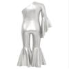 ACSUSS Kids Girls Metallic Gymnastic Leotard One Shoulder Bell-bottom Flared Jumpsuit Romper Dance Pageant Party Gown Silver 8 Years view 4