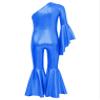 ACSUSS Kids Girls Metallic Gymnastic Leotard One Shoulder Bell-bottom Flared Jumpsuit Romper Dance Pageant Party Gown Royal Blue 8 Years view 4