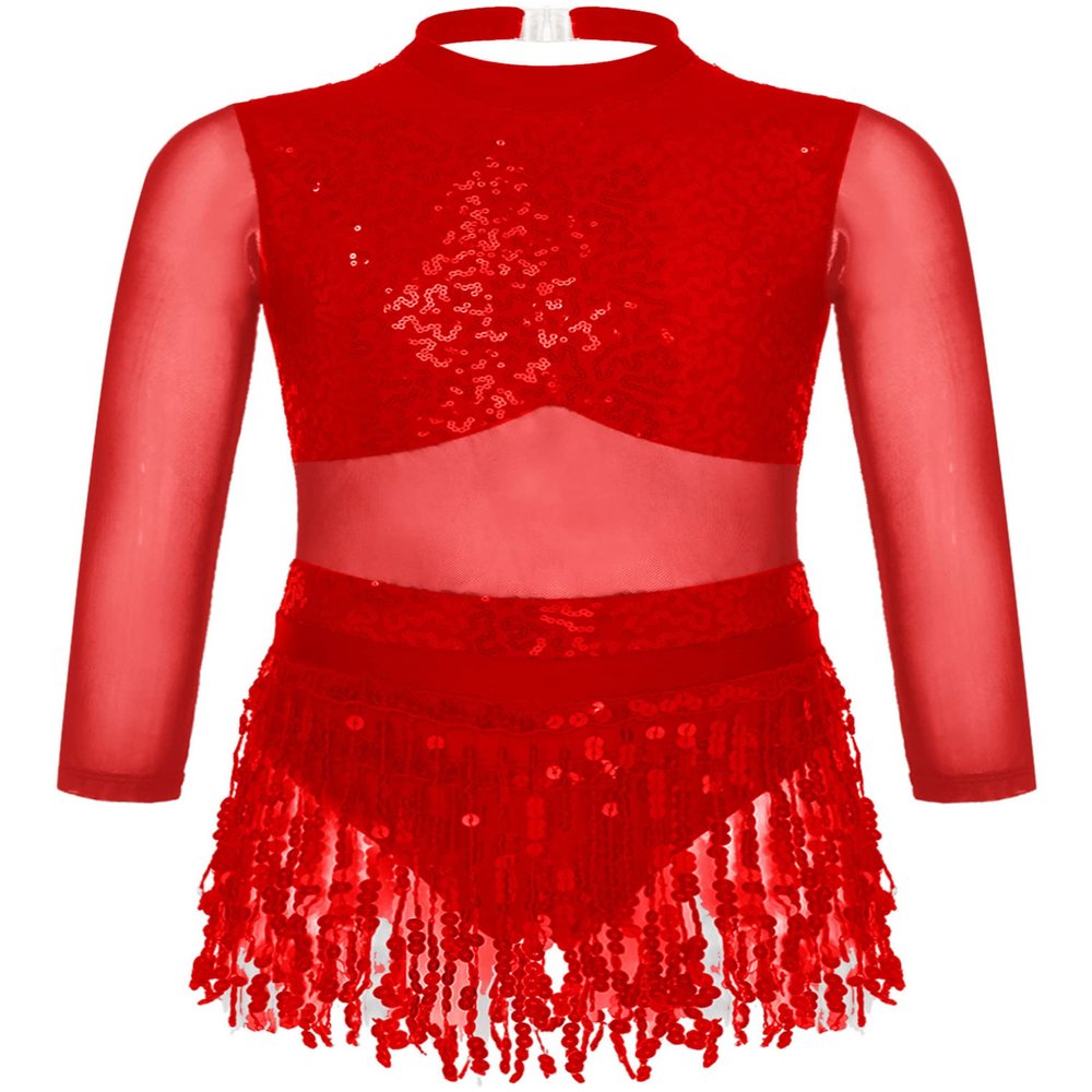 ACSUSS Kids Girls Long Sleeve Latin Ballroom Dance Dress Sequins Tassel Skirt Leotard Modern Jazz Tap Dancewear Red 16 Years