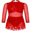 ACSUSS Kids Girls Long Sleeve Latin Ballroom Dance Dress Sequins Tassel Skirt Leotard Modern Jazz Tap Dancewear Red 16 Years view 1
