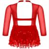 ACSUSS Kids Girls Long Sleeve Latin Ballroom Dance Dress Sequins Tassel Skirt Leotard Modern Jazz Tap Dancewear Red 16 Years view 2