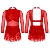 ACSUSS Kids Girls Long Sleeve Latin Ballroom Dance Dress Sequins Tassel Skirt Leotard Modern Jazz Tap Dancewear Red 16 Years view 3