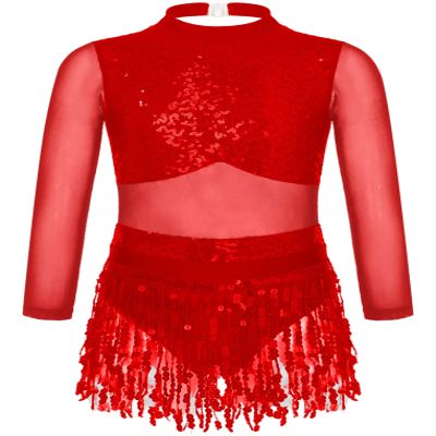 ACSUSS Kids Girls Long Sleeve Latin Ballroom Dance Dress Sequins Tassel Skirt Leotard Modern Jazz Tap Dancewear Red 10 Years