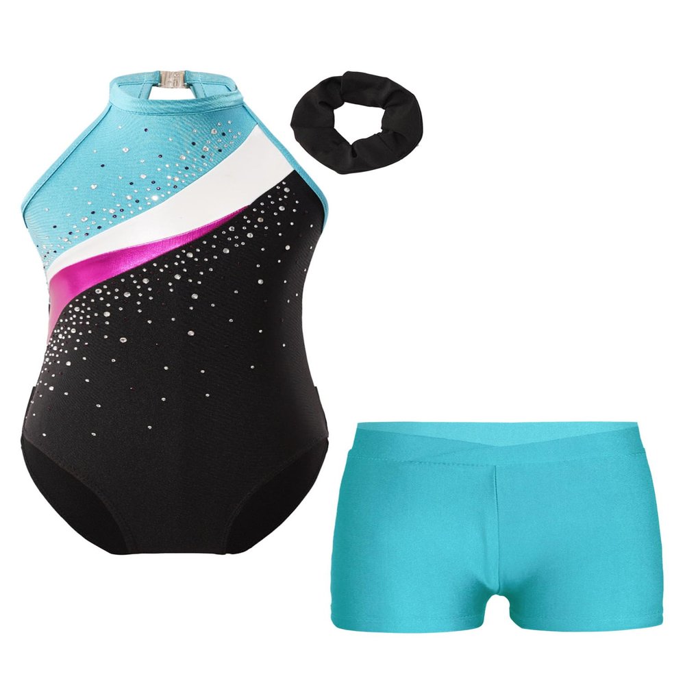 ACSUSS Kids Girls Sleeveless Gymnastic Leotard with Athletic Shorts Hair Scrunchie Biketard Dance Outfits Sets Tracksuit Lake Blue 8 Years