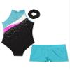 ACSUSS Kids Girls Sleeveless Gymnastic Leotard with Athletic Shorts Hair Scrunchie Biketard Dance Outfits Sets Tracksuit Lake Blue 8 Years view 3